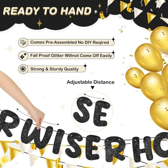 Older Wiser Hotter Glitter Banner Funny Birthday Banner Decorations (Black) - Picture 3 of 7